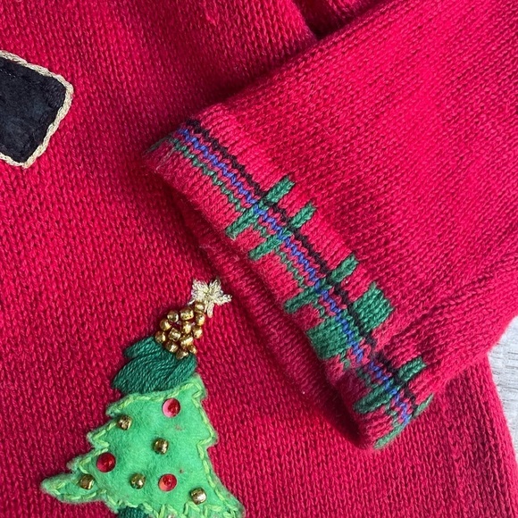 Vintage Christmas Sweater Scottish Terrier Dogs Zipper Front Red/Green SZ L - Picture 7 of 13